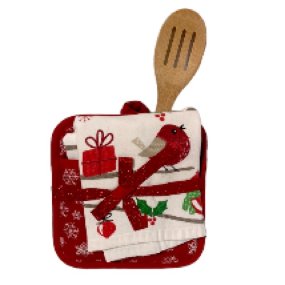 RED CARDINAL Kitchen TOWEL Oven MITT Bamboo Spoon Holiday GIFT SET